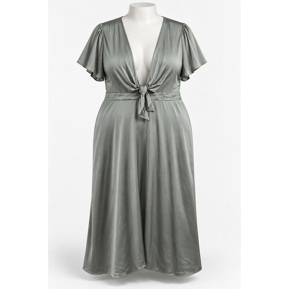 Baltic Born Sage Green Satin Tie Front Flutter Sleeve Midi Dress XXXL Plus Size